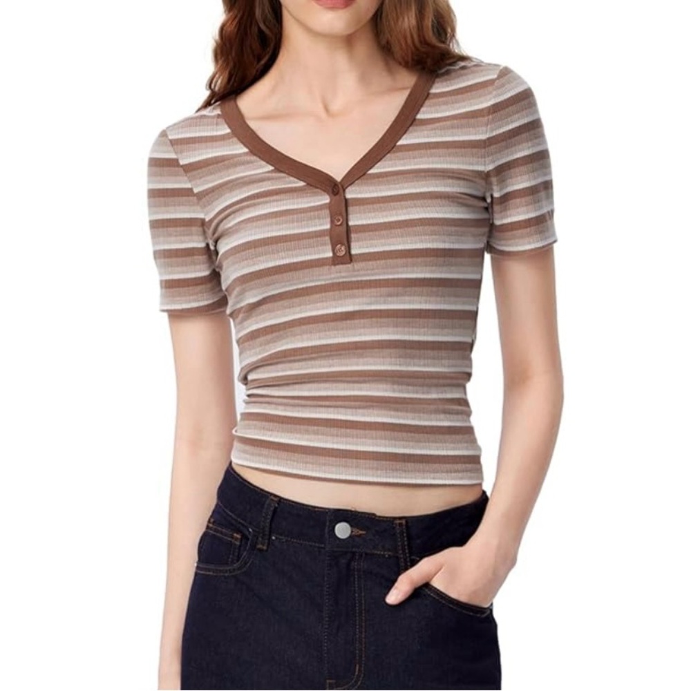 CIDER Brown Striped Ribbed V-Neck Button Top - Picture 2 of 5